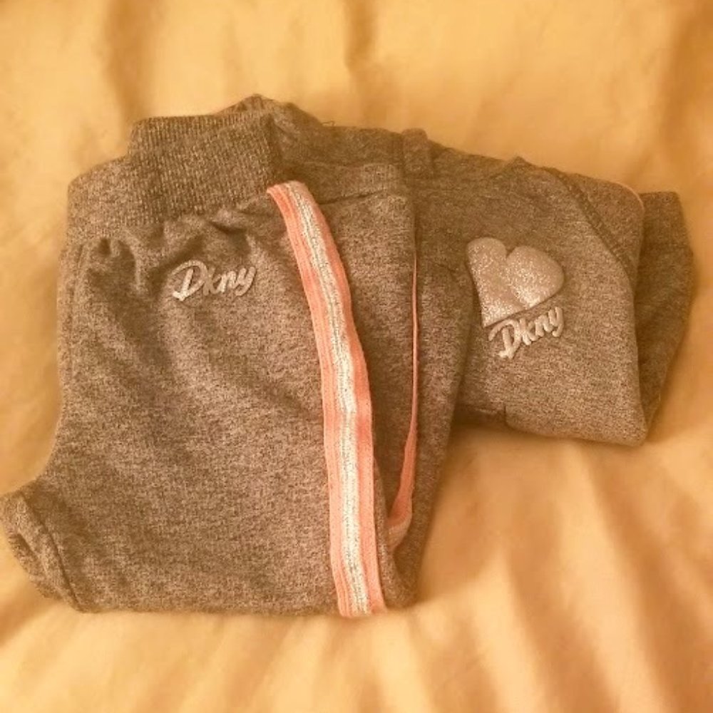 DKNY | 2 Piece Hooded Sweat Suit | Size 18 Mo | Grey with Pink & Silver Stripe
